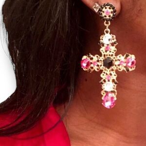 Gold Rosette Crystal Hanging Cross Statement Post Earrings NEW